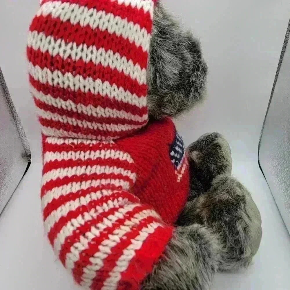 Dillars Grey Teddy Bear Patriotic USA Knitted Sweater Hoodie Soft Faux Fur